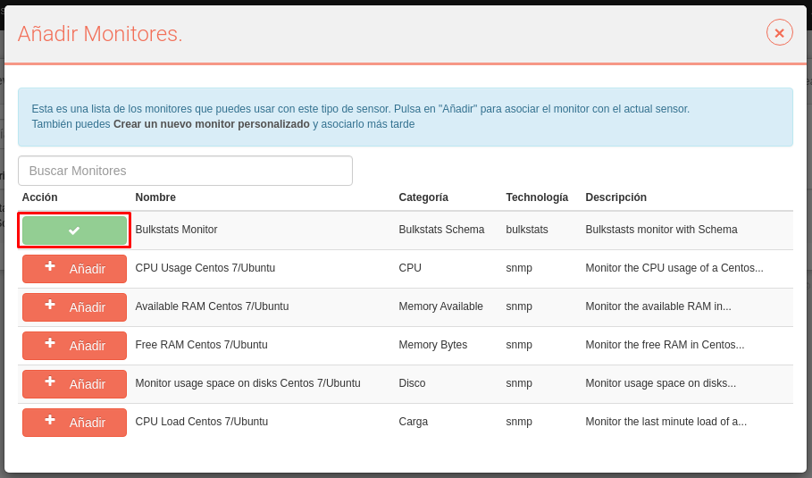 Monitores para dispositivo: Se muestra el modo Añadir monitores